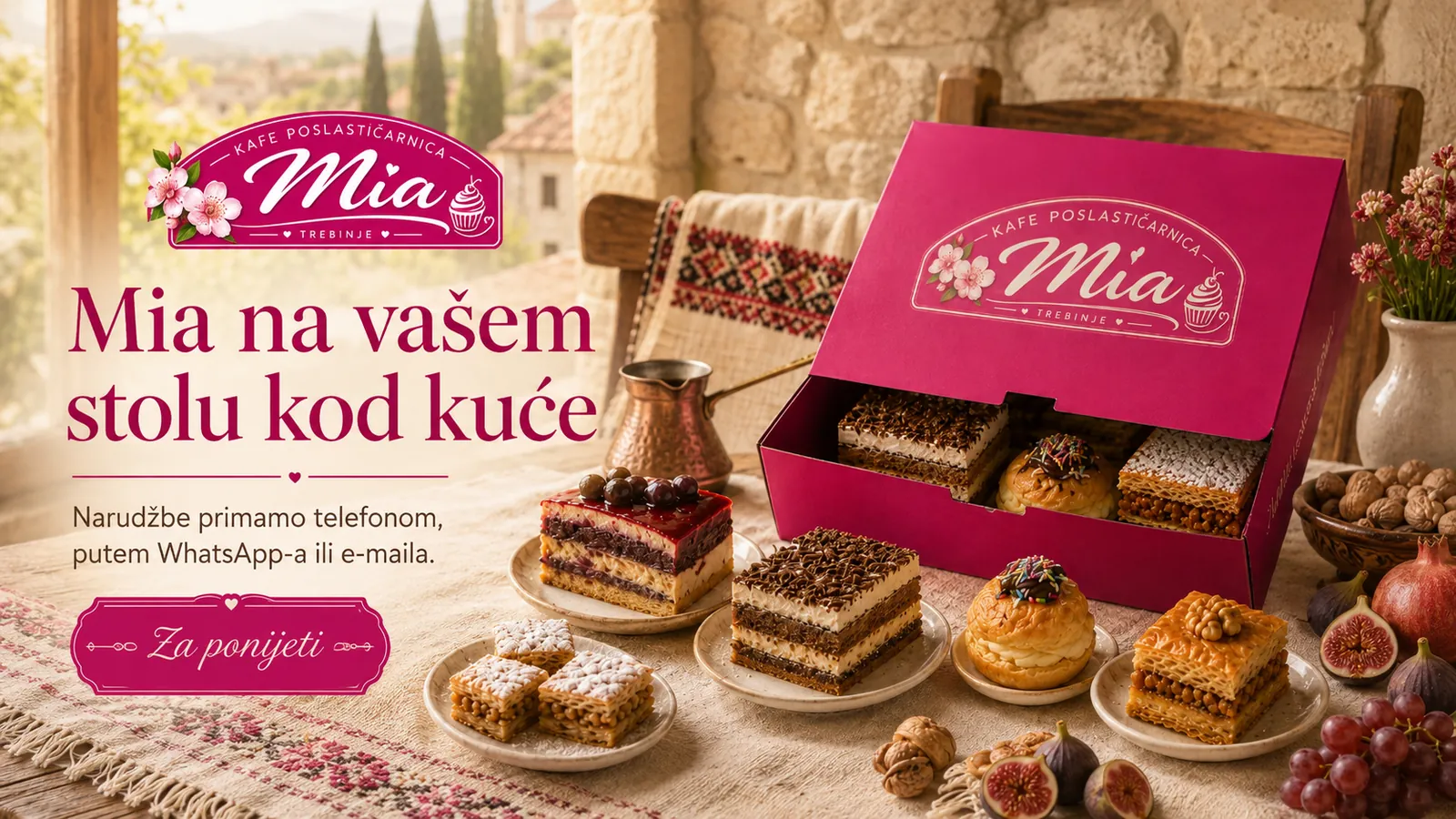 Mia kolači i roze kutija za ponijeti na trpezi u Trebinju